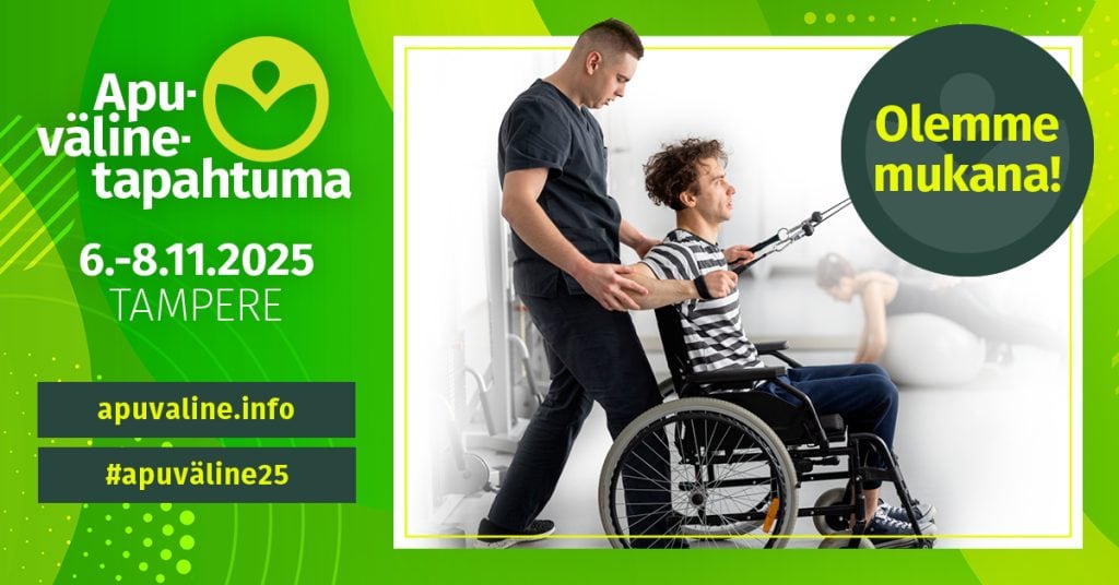 Apuvälinemessut 2025 "olemme mukana" banneri.